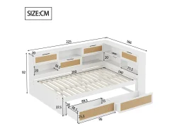 Sofá-cama em madeira maciça 140x200cm - com 2 gavetas - vários compartimentos de arrumação - com porta de carregamento - branco (sem colchão)