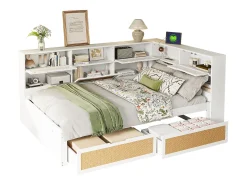 Sofá-cama em madeira maciça 140x200cm - com 2 gavetas - vários compartimentos de arrumação - com porta de carregamento - branco (sem colchão)