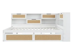 Sofá-cama em madeira maciça 140x200cm - com 2 gavetas - vários compartimentos de arrumação - com porta de carregamento - branco (sem colchão)
