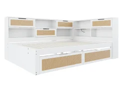 Sofá-cama em madeira maciça 140x200cm - com 2 gavetas - vários compartimentos de arrumação - com porta de carregamento - branco (sem colchão)