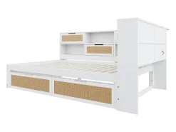 Sofá-cama em madeira maciça 140x200cm - com 2 gavetas - vários compartimentos de arrumação - com porta de carregamento - branco (sem colchão)