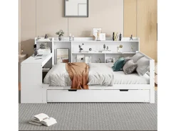 Sofá-cama em madeira maciça 140x200 cm - com secretária + estante - compartimentos de arrumação + prateleiras - com tomadas - com cama de rodízios - branco