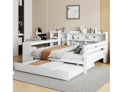Sofá-cama em madeira maciça 140x200 cm - com secretária + estante - compartimentos de arrumação + prateleiras - com tomadas - com cama de rodízios - branco