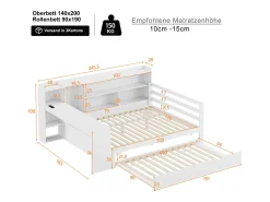 Sofá-cama em madeira maciça 140x200 cm - com secretária + estante - compartimentos de arrumação + prateleiras - com tomadas - com cama de rodízios - branco