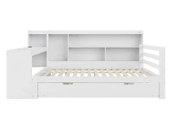 Sofá-cama em madeira maciça 140x200 cm - com secretária + estante - compartimentos de arrumação + prateleiras - com tomadas - com cama de rodízios - branco