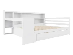 Sofá-cama em madeira maciça 140x200 cm - com secretária + estante - compartimentos de arrumação + prateleiras - com tomadas - com cama de rodízios - branco
