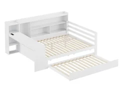 Sofá-cama em madeira maciça 140x200 cm - com secretária + estante - compartimentos de arrumação + prateleiras - com tomadas - com cama de rodízios - branco