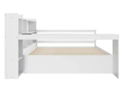 Sofá-cama em madeira maciça 140x200 cm - com secretária + estante - compartimentos de arrumação + prateleiras - com tomadas - com cama de rodízios - branco