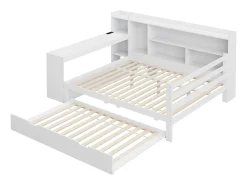 Sofá-cama em madeira maciça 140x200 cm - com secretária + estante - compartimentos de arrumação + prateleiras - com tomadas - com cama de rodízios - branco