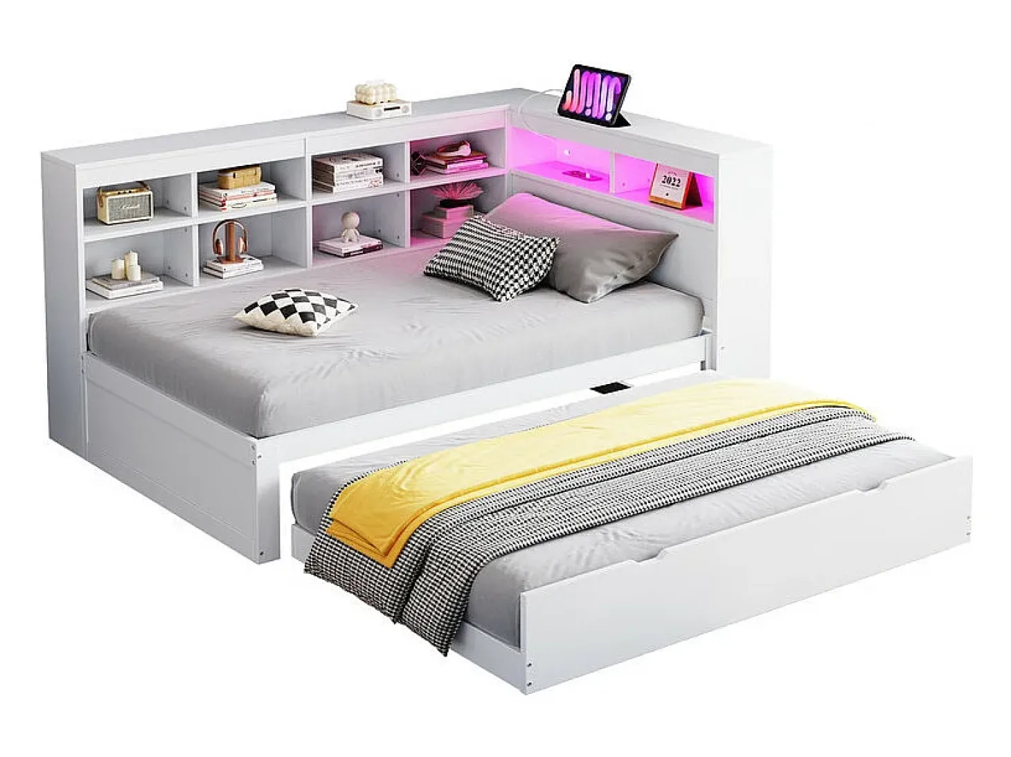 Sofá-cama em madeira maciça 90x200 cm - com cama ninho - com entrada USB + iluminação LED - com compartimento de armazenamento - branco (sem colchão)