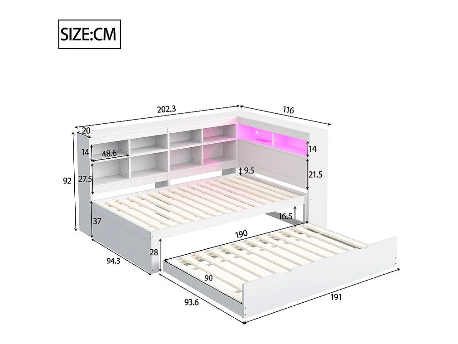 Sofá-cama em madeira maciça 90x200 cm - com cama ninho - com entrada USB + iluminação LED - com compartimento de armazenamento - branco (sem colchão)