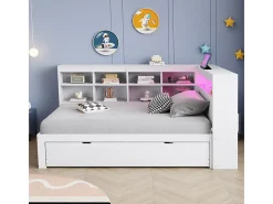 Sofá-cama em madeira maciça 90x200 cm - com cama ninho - com entrada USB + iluminação LED - com compartimento de armazenamento - branco (sem colchão)