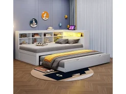 Sofá-cama em madeira maciça 90x200 cm - com cama ninho - com entrada USB + iluminação LED - com compartimento de armazenamento - branco (sem colchão)
