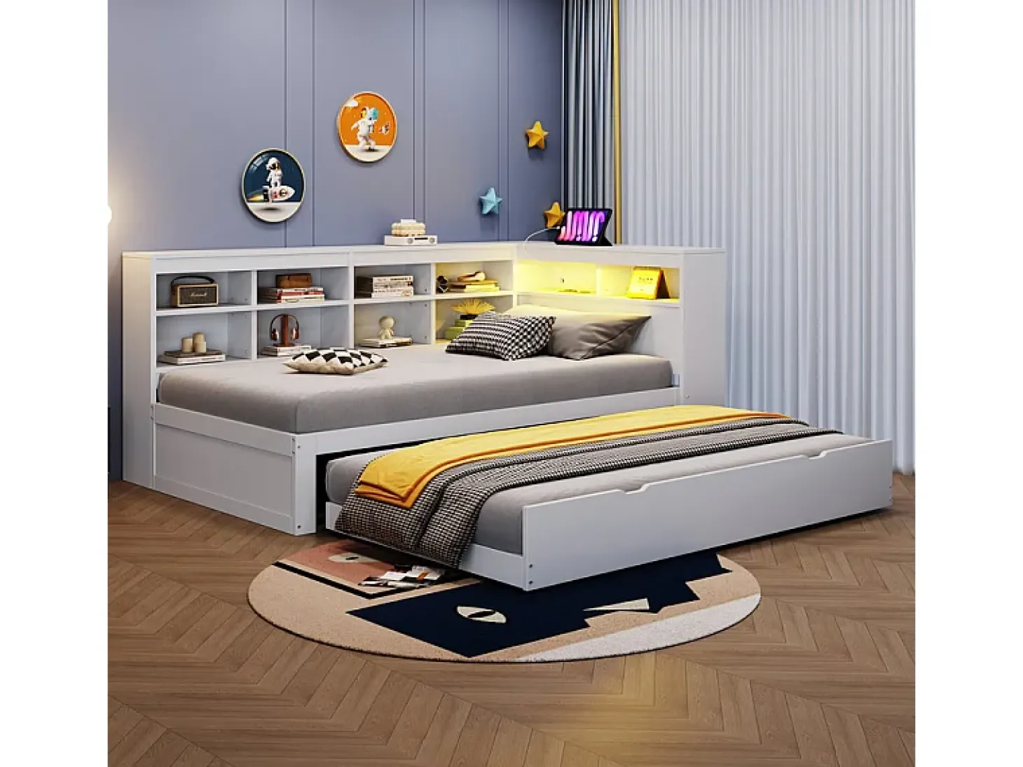 Sofá-cama em madeira maciça 90x200 cm - com cama ninho - com entrada USB + iluminação LED - com compartimento de armazenamento - branco (sem colchão)