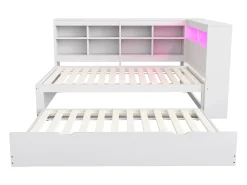 Sofá-cama em madeira maciça 90x200 cm - com cama ninho - com entrada USB + iluminação LED - com compartimento de armazenamento - branco (sem colchão)