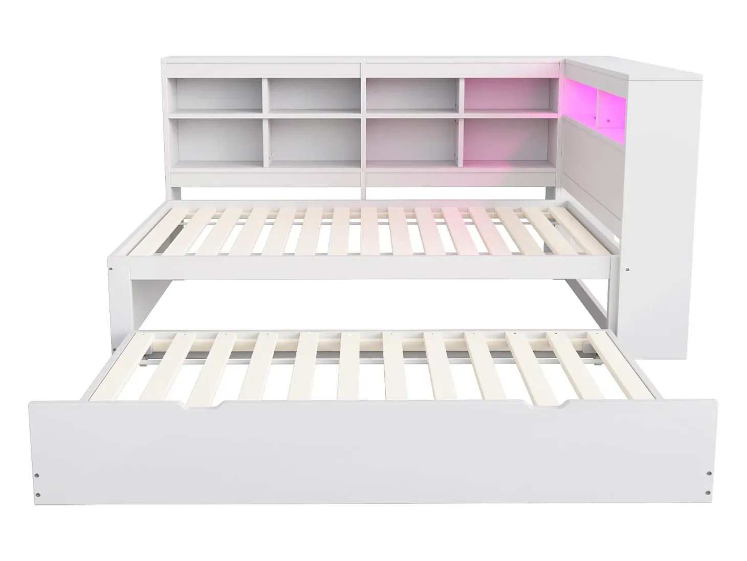 Sofá-cama em madeira maciça 90x200 cm - com cama ninho - com entrada USB + iluminação LED - com compartimento de armazenamento - branco (sem colchão)