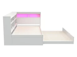 Sofá-cama em madeira maciça 90x200 cm - com cama ninho - com entrada USB + iluminação LED - com compartimento de armazenamento - branco (sem colchão)