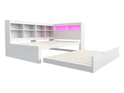 Sofá-cama em madeira maciça 90x200 cm - com cama ninho - com entrada USB + iluminação LED - com compartimento de armazenamento - branco (sem colchão)