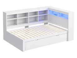 Sofá-cama em madeira maciça 90x200 cm - com cama ninho - com entrada USB + iluminação LED - com compartimento de armazenamento - branco (sem colchão)