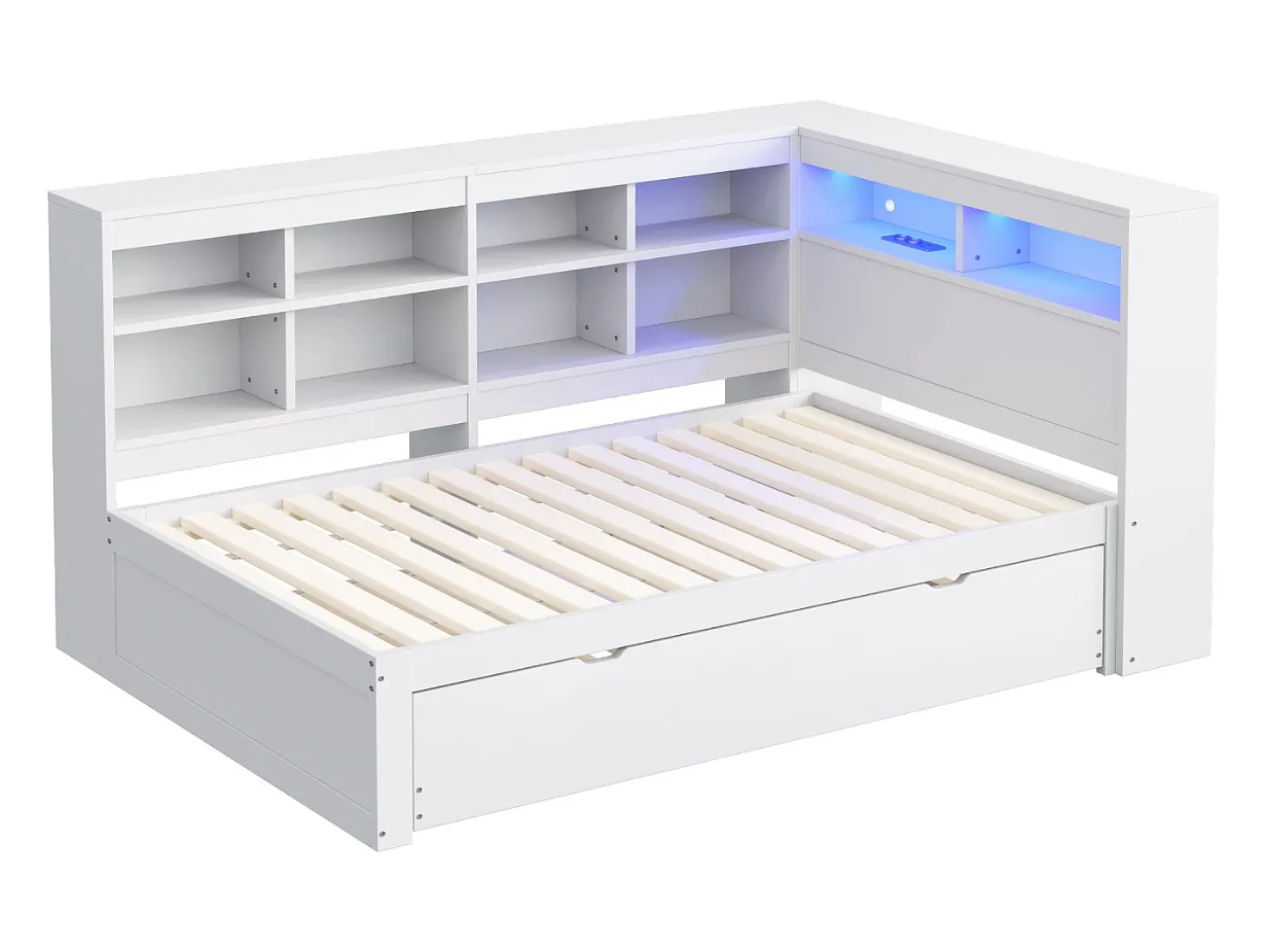 Sofá-cama em madeira maciça 90x200 cm - com cama ninho - com entrada USB + iluminação LED - com compartimento de armazenamento - branco (sem colchão)