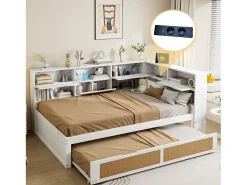 Sofá-cama em madeira maciça 140x200cm - Com cama de rodízio - Com vários compartimentos de arrumação - Com porta de carregamento - Branco (sem colchão)