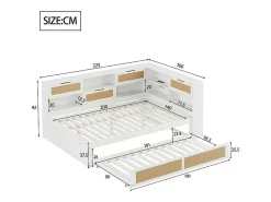 Sofá-cama em madeira maciça 140x200cm - Com cama de rodízio - Com vários compartimentos de arrumação - Com porta de carregamento - Branco (sem colchão)