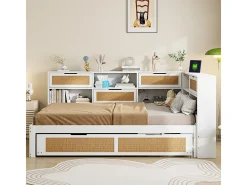 Sofá-cama em madeira maciça 140x200cm - Com cama de rodízio - Com vários compartimentos de arrumação - Com porta de carregamento - Branco (sem colchão)