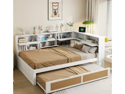 Sofá-cama em madeira maciça 140x200cm - Com cama de rodízio - Com vários compartimentos de arrumação - Com porta de carregamento - Branco (sem colchão)