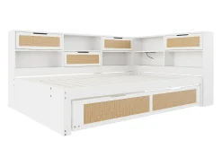 Sofá-cama em madeira maciça 140x200cm - Com cama de rodízio - Com vários compartimentos de arrumação - Com porta de carregamento - Branco (sem colchão)