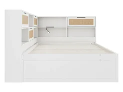 Sofá-cama em madeira maciça 140x200cm - Com cama de rodízio - Com vários compartimentos de arrumação - Com porta de carregamento - Branco (sem colchão)