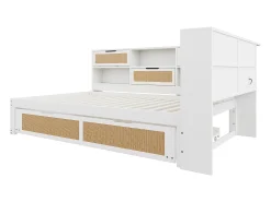 Sofá-cama em madeira maciça 140x200cm - Com cama de rodízio - Com vários compartimentos de arrumação - Com porta de carregamento - Branco (sem colchão)