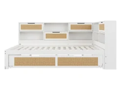 Sofá-cama em madeira maciça 140x200cm - Com cama de rodízio - Com vários compartimentos de arrumação - Com porta de carregamento - Branco (sem colchão)