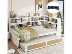 Sofá-cama em madeira maciça 90x200cm - Com cama de rodízio - Com vários compartimentos de arrumação - Com porta de carregamento - Branco (sem colchão)