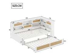 Sofá-cama em madeira maciça 90x200cm - Com cama de rodízio - Com vários compartimentos de arrumação - Com porta de carregamento - Branco (sem colchão)
