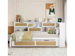 Sofá-cama em madeira maciça 90x200cm - Com cama de rodízio - Com vários compartimentos de arrumação - Com porta de carregamento - Branco (sem colchão)
