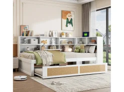 Sofá-cama em madeira maciça 90x200cm - Com cama de rodízio - Com vários compartimentos de arrumação - Com porta de carregamento - Branco (sem colchão)