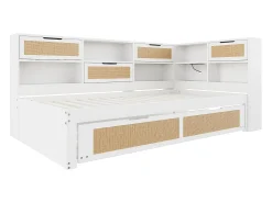 Sofá-cama em madeira maciça 90x200cm - Com cama de rodízio - Com vários compartimentos de arrumação - Com porta de carregamento - Branco (sem colchão)