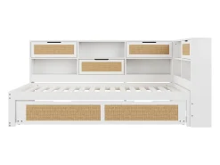 Sofá-cama em madeira maciça 90x200cm - Com cama de rodízio - Com vários compartimentos de arrumação - Com porta de carregamento - Branco (sem colchão)