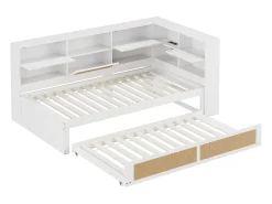 Sofá-cama em madeira maciça 90x200cm - Com cama de rodízio - Com vários compartimentos de arrumação - Com porta de carregamento - Branco (sem colchão)