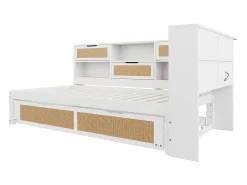 Sofá-cama em madeira maciça 90x200cm - Com cama de rodízio - Com vários compartimentos de arrumação - Com porta de carregamento - Branco (sem colchão)