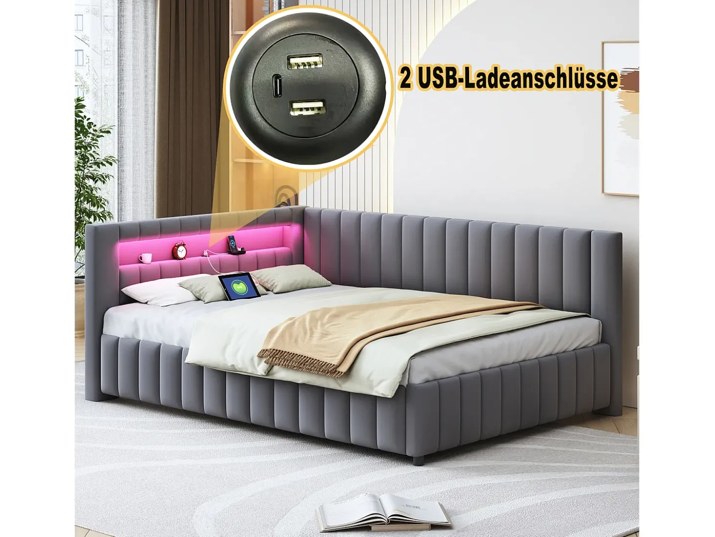 Sofá-cama estofado - 140 x 200 cm - com LEDs + USB + encosto + cabeceira - tecido de veludo - cinza escuro