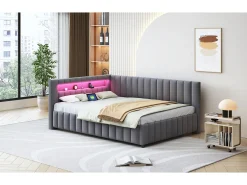 Sofá-cama estofado - 140 x 200 cm - com LEDs + USB + encosto + cabeceira - tecido de veludo - cinza escuro