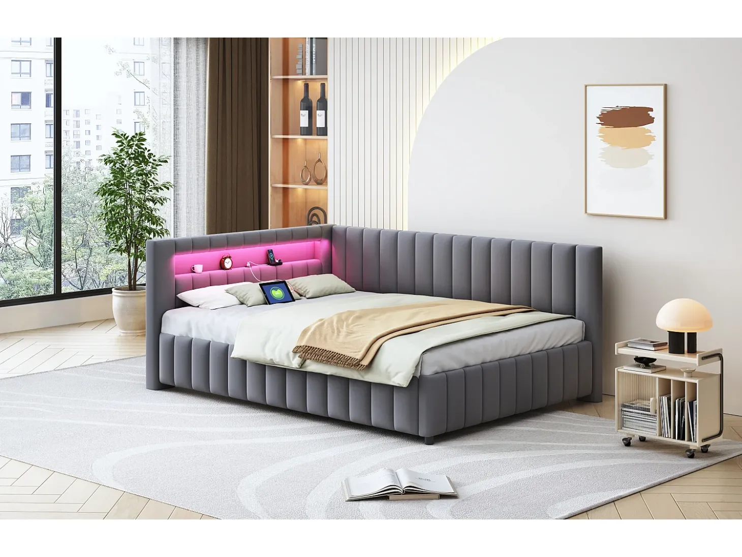 Sofá-cama estofado - 140 x 200 cm - com LEDs + USB + encosto + cabeceira - tecido de veludo - cinza escuro