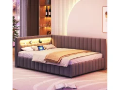 Sofá-cama estofado - 140 x 200 cm - com LEDs + USB + encosto + cabeceira - tecido de veludo - cinza escuro