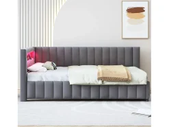 Sofá-cama estofado - 140 x 200 cm - com LEDs + USB + encosto + cabeceira - tecido de veludo - cinza escuro