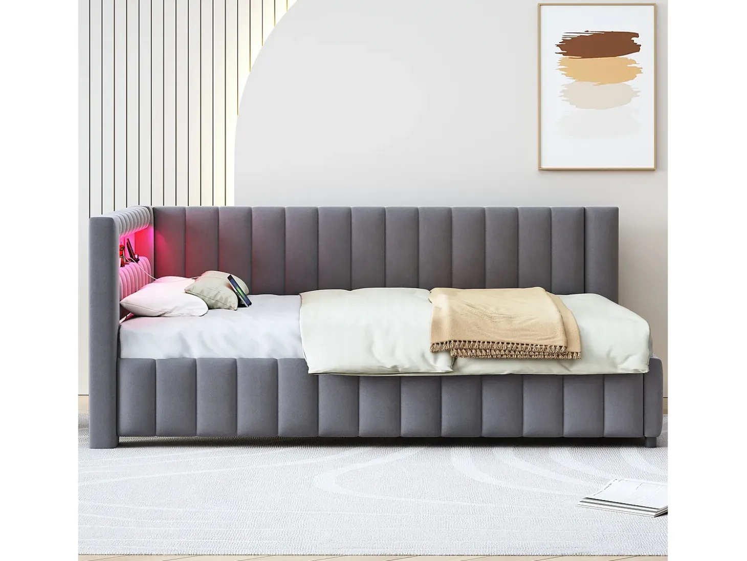 Sofá-cama estofado - 140 x 200 cm - com LEDs + USB + encosto + cabeceira - tecido de veludo - cinza escuro