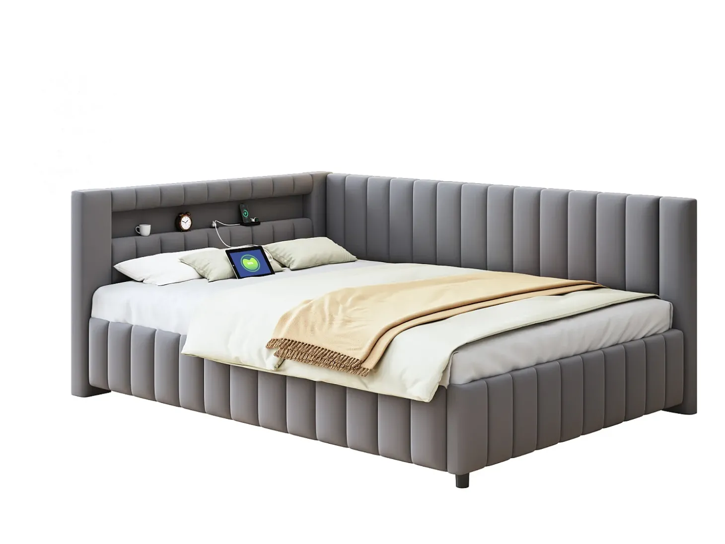 Sofá-cama estofado - 140 x 200 cm - com LEDs + USB + encosto + cabeceira - tecido de veludo - cinza escuro
