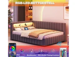 Sofá-cama estofado - 140 x 200 cm - com LEDs + USB + encosto + cabeceira - tecido de veludo - cinza escuro