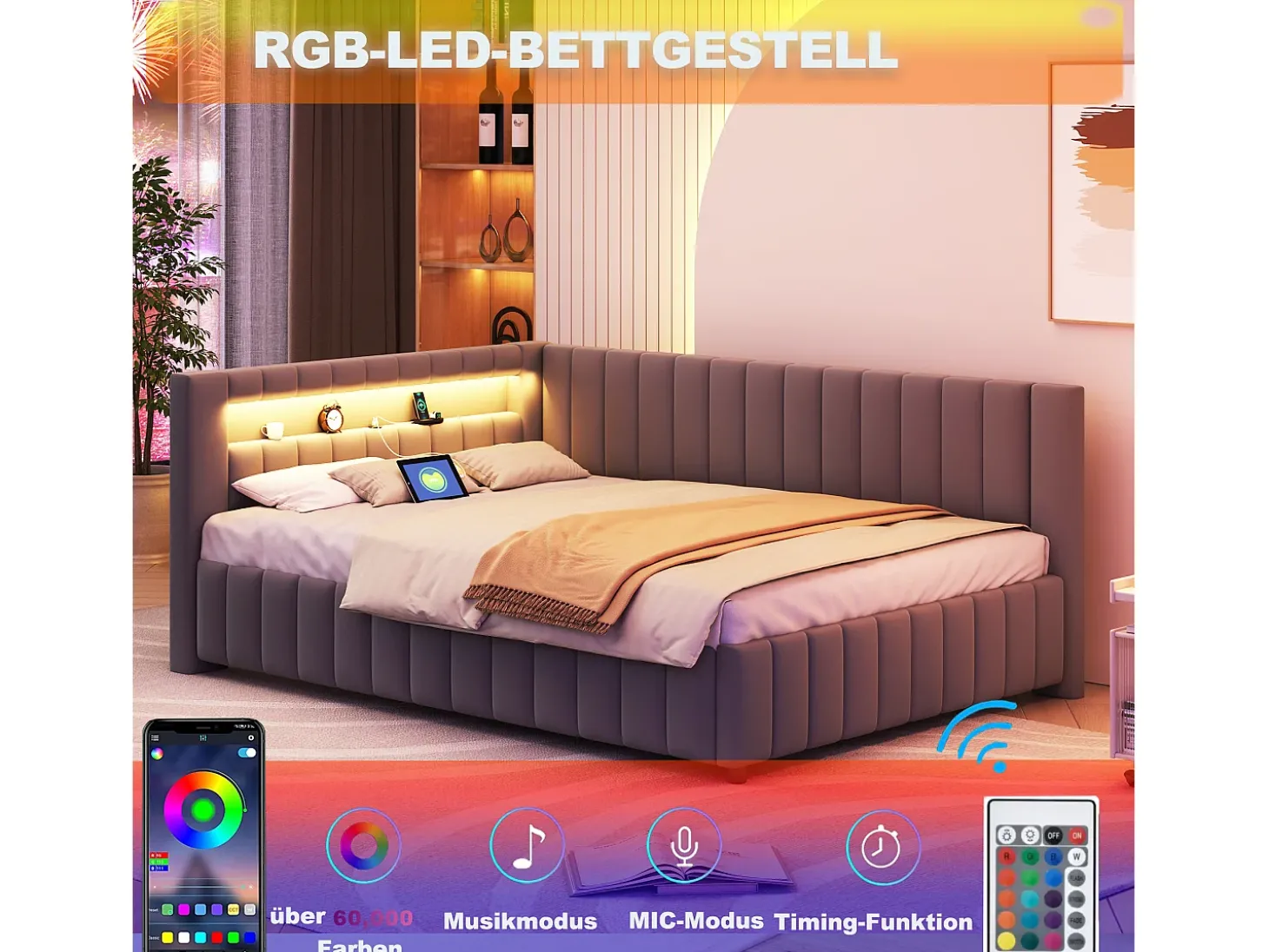 Sofá-cama estofado - 140 x 200 cm - com LEDs + USB + encosto + cabeceira - tecido de veludo - cinza escuro