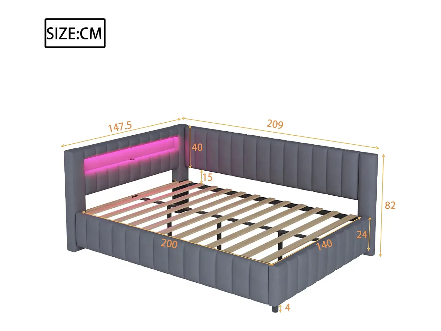 Sofá-cama estofado - 140 x 200 cm - com LEDs + USB + encosto + cabeceira - tecido de veludo - cinza escuro